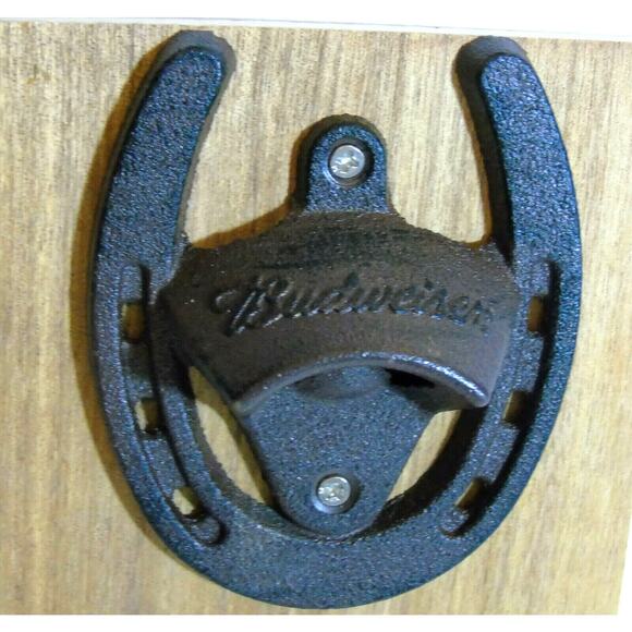 Iron BEER BOTTLE OPENER Budweiser Clydesdales Horse Shoe On Wood Wall Plaque 11" - Picture 2 of 6